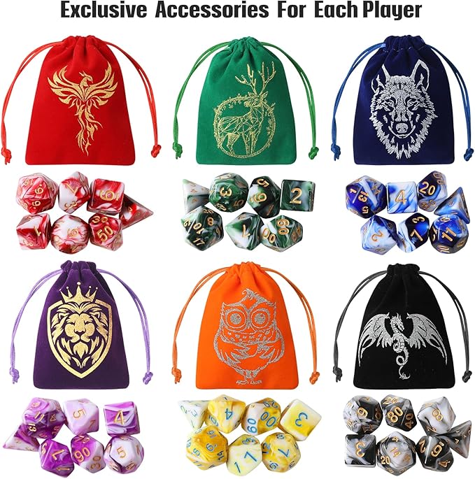 DND Dice Set, 42 Pcs Role Playing Dice Set with 6 Colorful Animal Pattern Dice Bag and PU Leather and Velvet dice Tray for Dungeons and Dragons D&D RPG MTG Table Games Mixed White