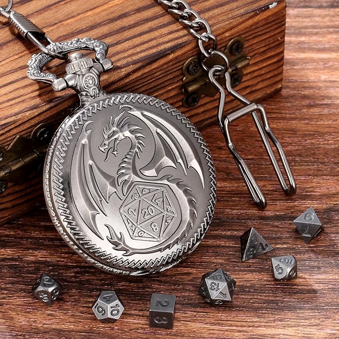 Mini DND Dice Set with Steampunk Dragon Pocket Watch Case, Tiny 7-Piece Polyhedral Metal D&D Dice, DND Gifts with Dragon Logo Gift Bag, Role Playing Game Board Game Accessories Dice, Silver