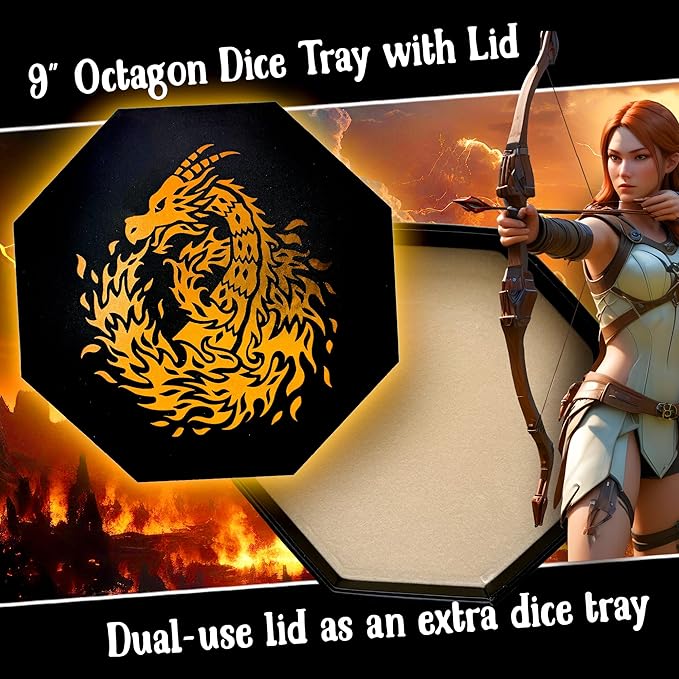 Fantasydice-Chromatic Dragon -with Roll or Die Artwork Dice Tray - 9" Octagon with Lid and Dice Staging Area- Holds 5 Sets of Dice(7 / Standard) for All Tabletop RPGs Like D&D, Call of Cthulhu