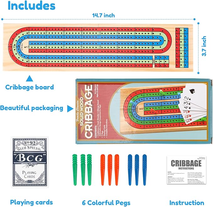 Cribbage Board Game Set, 3-Track Color-Coded Wooden Board with Storage, Includes 9 Pegs, Deck of Playing Cards, Ideal for Family Fun, Travel, and Gatherings