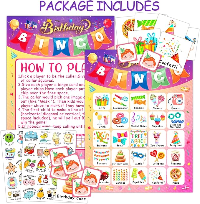 Happy Birthday Bingo Cards, 24 Players Birthday Party Bingo Game for Kids Boys Girls Adults, Fun Game for Family Celebration Favor