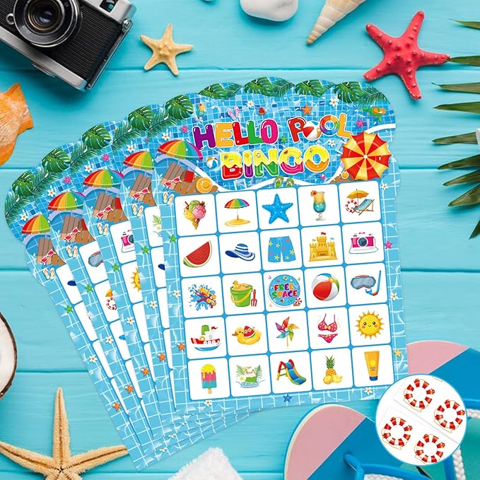 Pool Party Bingo Games for Kids Adults, 24 Players Summer Bingo Game Cards for School Classroom Family Activities Hawaiian Tropical Party Favors Supplies