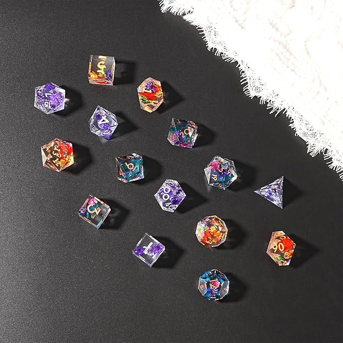Resin DND Dice Set, Sharp Edge Flower Floral D&D 7-Die for Dungeons and Dragons, Resin Dice D and D, 7PCS Die for RPG Role Playing Games D&D Starter Kit