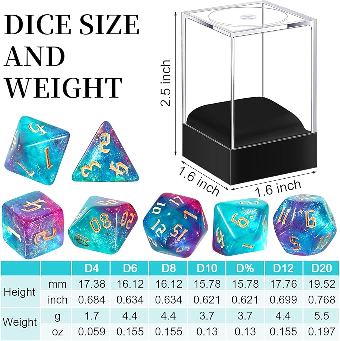 D20 Dice Set Dice Resin Translucent Colors Polyhedral Dice with Dice Box and Organza Bag Giant D4 D6 D8 D10 D12 D20 Dice Set for Role Play Games and Table Games