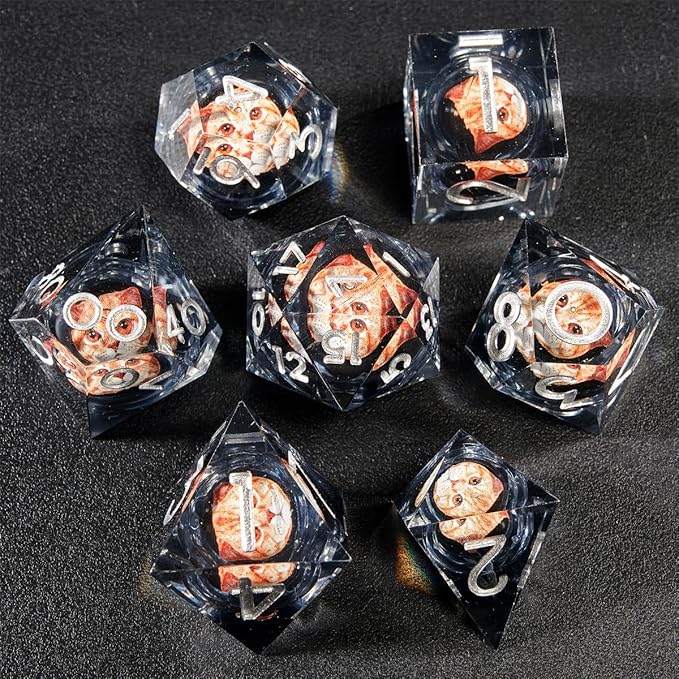 Resin Cat Head DND Dice, Sharp Edge Dungeons and Dragons Polyhedron Game Dice Set for Role Playing Games RPG Explorer Magic, Holiday Birthday Gifts Party Gifts