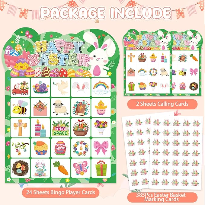 Easter Bingo Games, 24 Players Easter Bingo Cards for School Classroom Family Holiday Party Activities