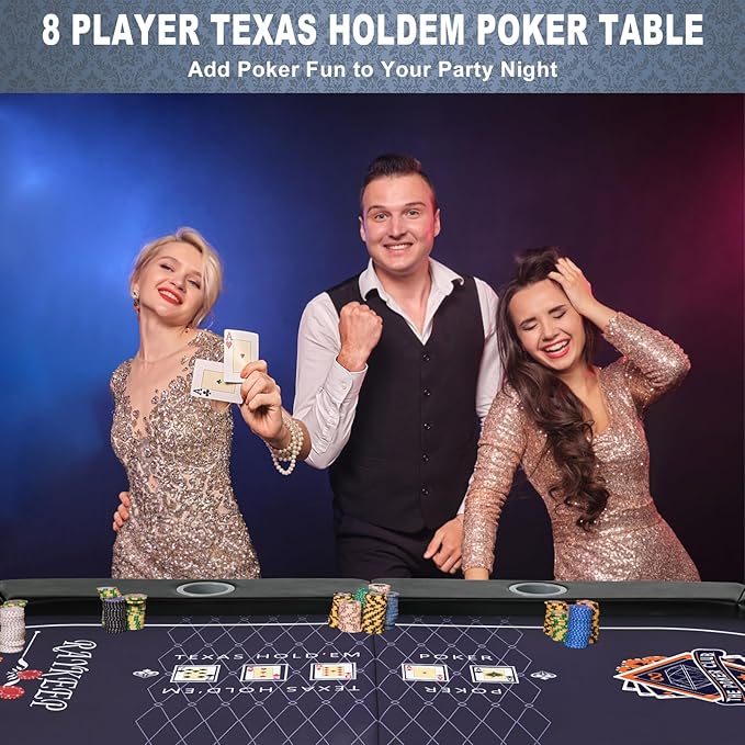 Poker Table Foldable, 8 Player Folding Poker Tables w/Collapsible Legs, Casino Grade Felt, Padded Rails and Cup Holders, Portable Poker Table for Texas Holdem Poker and Blackjack, 71 Inch