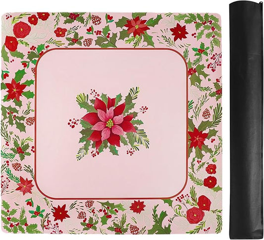 Large Mahjong Mat with Red & Green Floral Print, Anti-Slip, Noise-Reducing Table Cover for Mahjong, Poker, Board Games, Dominoes, and Card Games (31.5” x 31.5”)