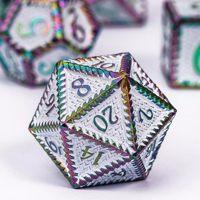 7-Die Metal DND Dice Set, Serrated Design Metal Dice Set 7 Pcs D&D Dice Set for Dungeons and Dragons Role Playing Game(RPG),Pathfinder,Table Game,Board Games(Colorful White)