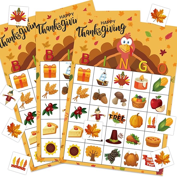 MISS FANTASY Thanksgiving Bingo Game - 24 Player Cards, Family & Toddler Friendly, Classroom Party Activities