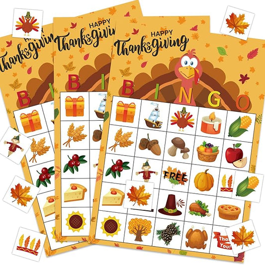 MISS FANTASY Thanksgiving Bingo Game - 24 Player Cards, Family & Toddler Friendly, Classroom Party Activities