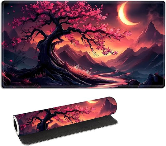 MTG Playmat with Storage Bag, Pink Leaves Tree, 27.55x15.75 inches, Non-Slip, Stitched Edges, Rollable & Foldable Card Playmat