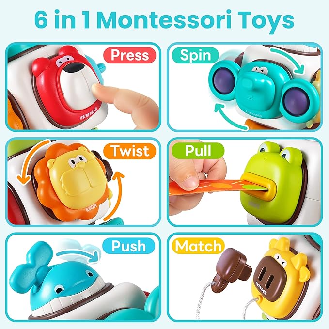 iPlay, iLearn 6 in 1 Baby Busy Board Cube, Montessori Sensory Toy Toddler 1-3, Infant Carseat Plane Travel, Kid Animal Cube Learning Activity, Easter Birthday Gift 6 9 12 18 Month 1 2 Year Girl Boy