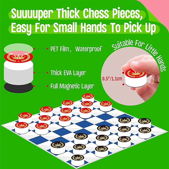 2 in 1 Checkers Set, Magnetic Game Board -Checkers & Tic-Tac-Toe, Thick Foam Checker Road Travel Game with 59 Reward Stickers for Young Kids Aged 3+