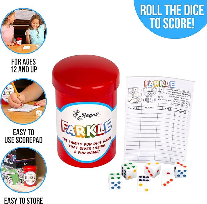 Regal Games - Farkle Classic Dice Game w/ 6 Colored Dice, 1 Convenient Dice Cup for Easy Shaking, and 25 Score Sheets - Fun Family Game for Travel, Camp, and More - Ideal for 2-4 Players (Ages 12+)