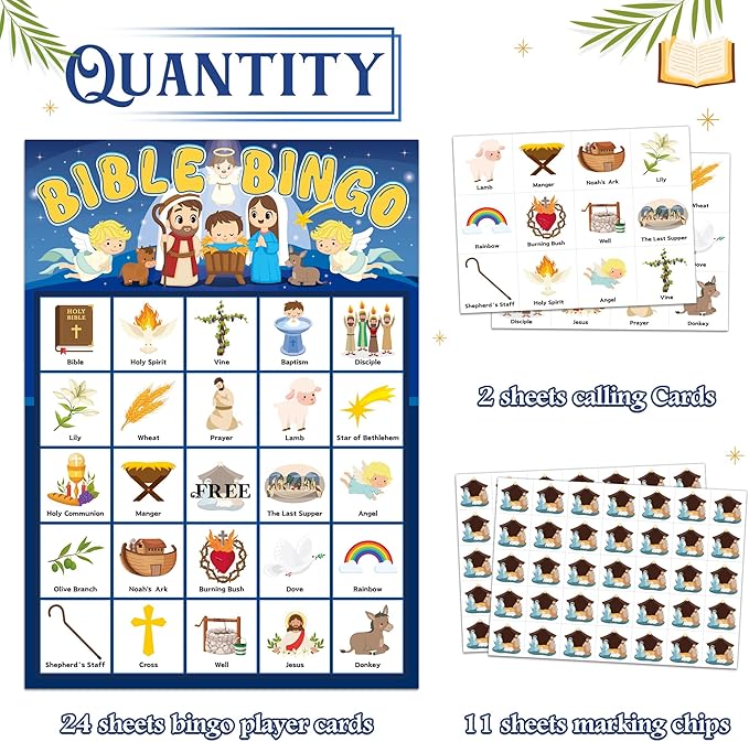 Joy Bang Bible Bingo Games for Kids, Bible Bingo Cards 24 Player Sunday School Crafts for Kids Easter Christian Religious Activities Games Holiday Nativity Party Favors Gifts for Childrens