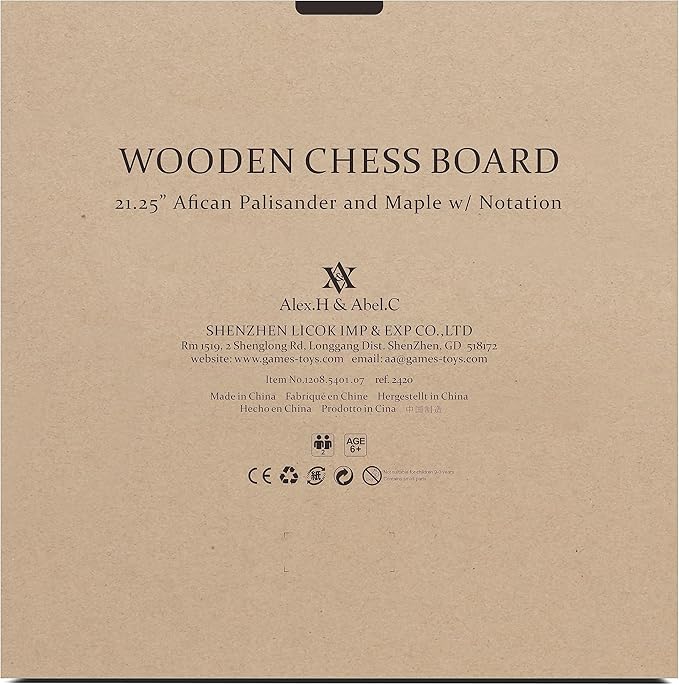 A&A 21.25" Professional Wooden Tournament Chess Board/African Palisander & Maple Inlay / 2.25" Squares w/Notation