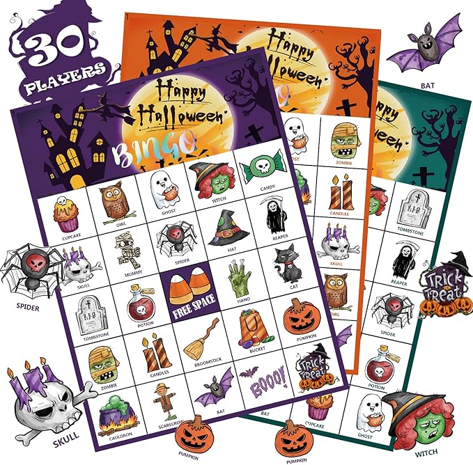 VESPRO 46PCS Halloween Bingo Game Cards for 30 Players Halloween Party Games for Kids Party Classroom Activities