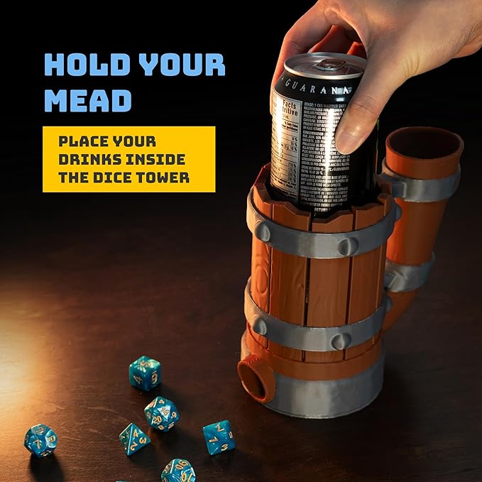 Mug Dice Tower - Dice Rolling Tower, for DND and Tabletop Games, Drink Holder, Tavern Style Board Game Roller, Comes with Random Polyhedral dice, Brown / Grey, BGRS02