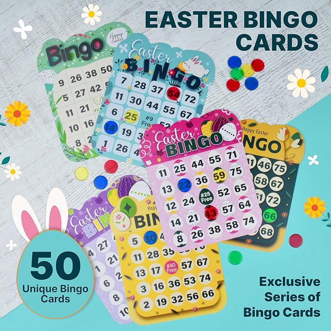 Queensell Easter Bingo Cards – 50 pcs Bingo Game Cards for Easter Party, Easter Bingo Games for Kids, Easter Party Supplies