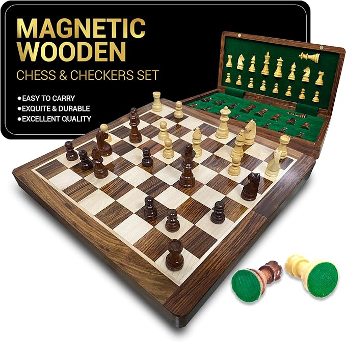 Magnetic Wooden Chess Board Set 12 Inches with 2 Extra Queens | Folding Board - Pieces Storage Slots, Handmade Portable Folding Travel Vintage Chess Game | for Individuals Above 15 Years and Above
