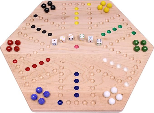 AmishToyBox.com Wahoo Marble Game Board Set - 20" Wide - Solid Maple Wood - Double-Sided - with Large 18mm Marbles and Dice Included