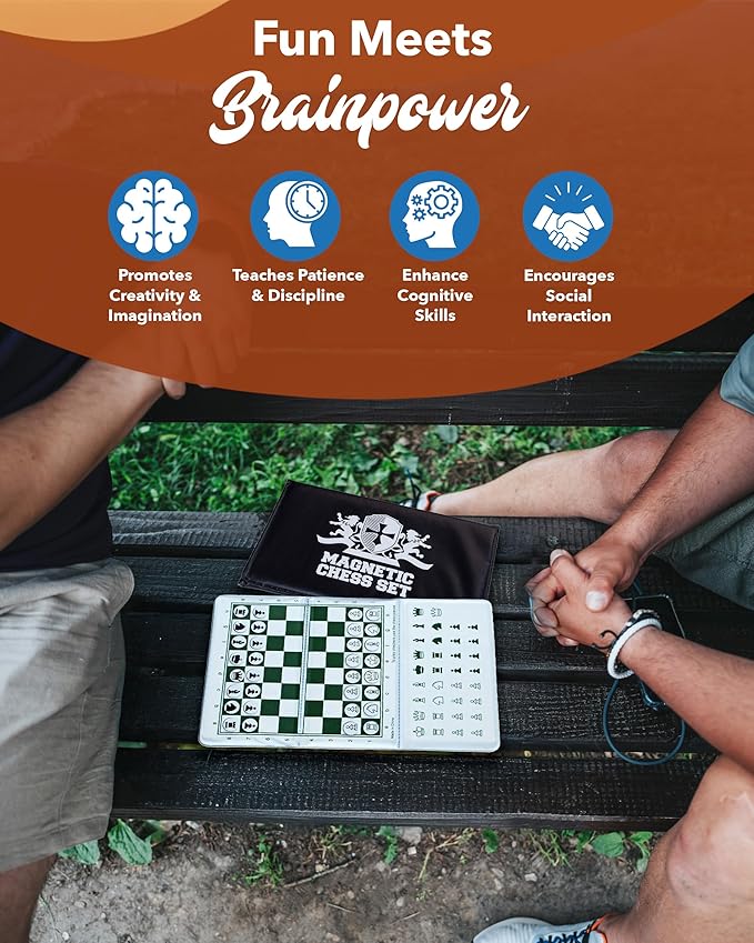WE Games Mini Magnetic Travel Chess Set – 6-Inch Foldable Board with Durable Vinyl Pieces & Extra Queens– Indoor & Outdoor Magnetic Chess Game - White Logo