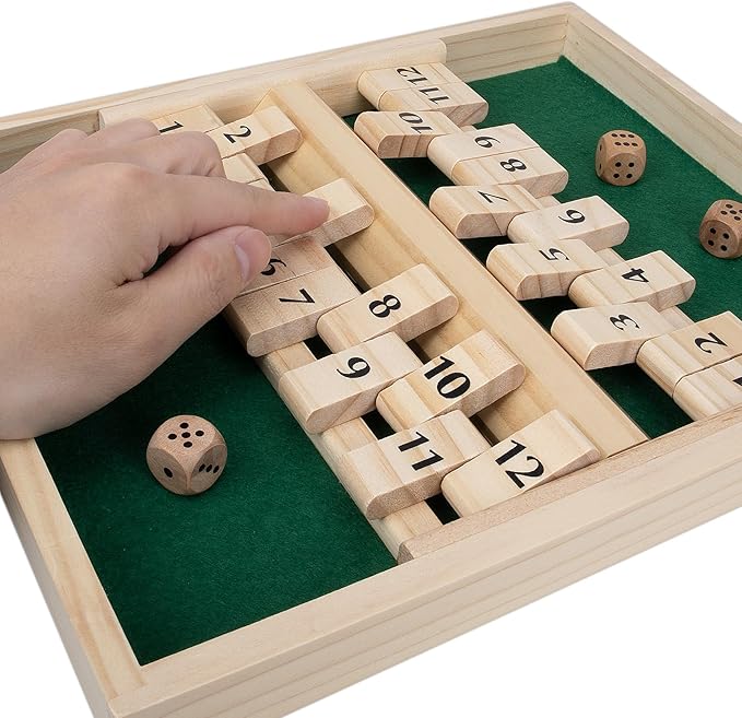 GOTHINK Wooden Shut The Box - Fun Table Math Game with Wooden Board for Adults & Kids - 12 Spots Dice Game with 4 Dices for 2+ Player Games, Popular Pub Board Game, Ideal for Game Night, Travel