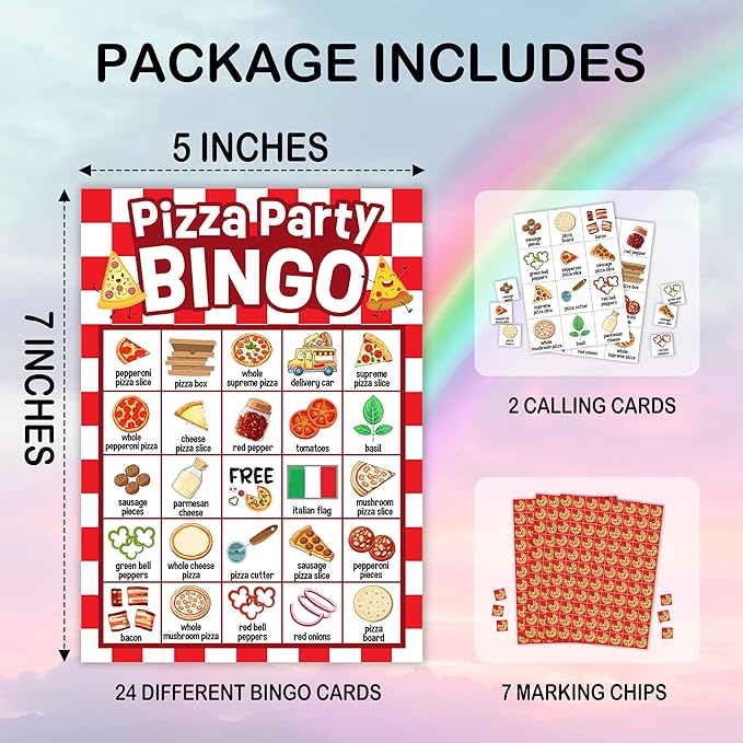 Pizza Party Bingo Card, Pizza Bingo Set for Adults Large Group Family Friends, Sleepover Party Game, Gourmet Food Bingo Kit for Birthday, Holiday Games for 24 Players -05
