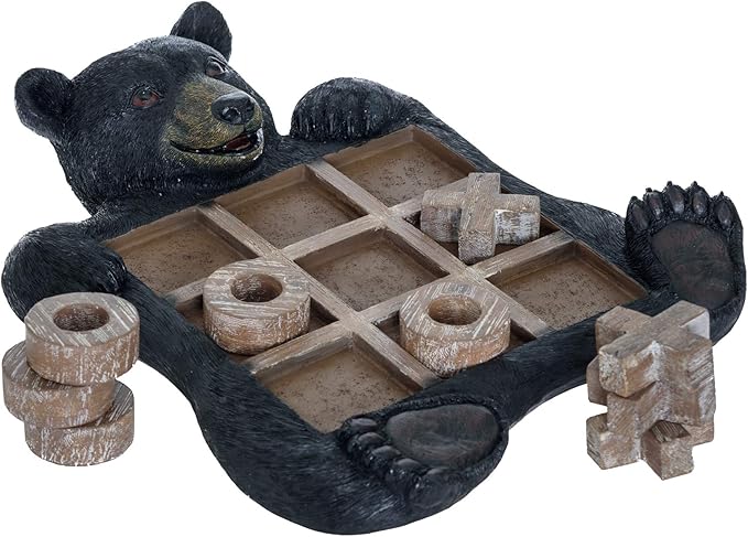 Pine Ridge Black Bear Tic Tac Toe Tabletop Game - Tic Tac Toe Decorative Game Teddy Bear Black Rustic Wilderness Home Decor - Indoor Recreational Games Black Bear Decor