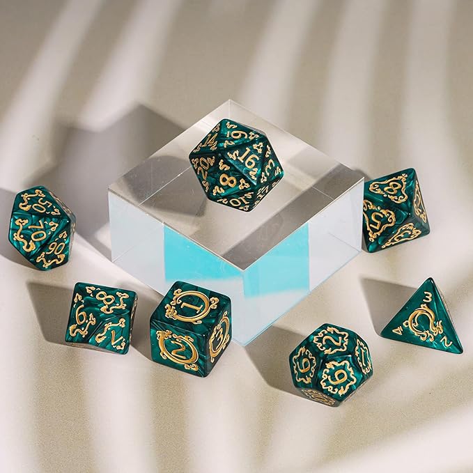 7-Die DND Dice Set Dragon Pattern Polyhedral Dice Set with Leather Bag D&D Dice Set for Dungeons and Dragons RPG MTG Table Games (Green W/Gold Dragon Pattern)