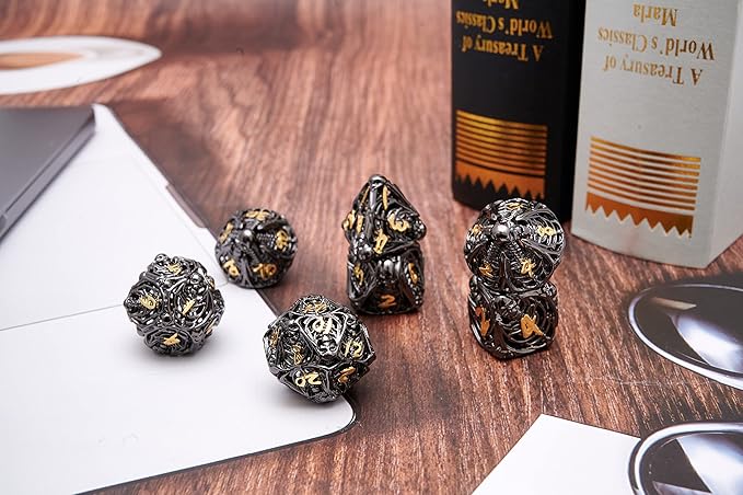 Hollow Metal DND Game Dice Black and Gold Numbers 7Pcs Set for Dungeons and Dragons RPG MTG Table Games D&D Pathfinder Shadowrun and Math Teaching (with Metal Case)