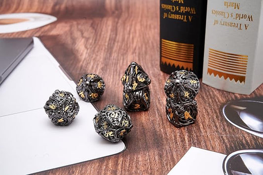 Hollow Metal DND Game Dice Black and Gold Numbers 7Pcs Set for Dungeons and Dragons RPG MTG Table Games D&D Pathfinder Shadowrun and Math Teaching (with Metal Case)