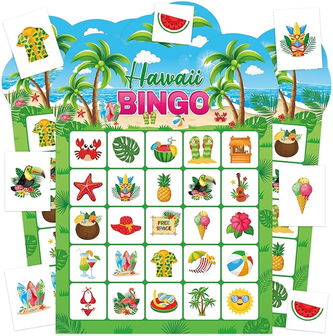 Summer Bingo Game Cards for Kids Adults, 24 Players Tropical Hawaiian Bingo Cards for School Classroom Family Activities Summer Party Favors Supplies