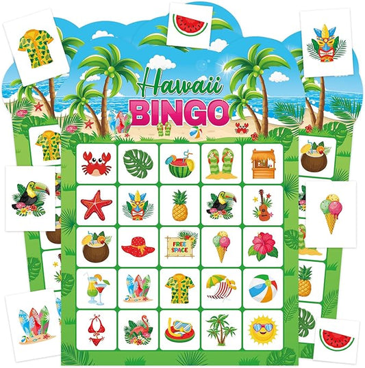 Summer Bingo Game Cards for Kids Adults, 24 Players Tropical Hawaiian Bingo Cards for School Classroom Family Activities Summer Party Favors Supplies
