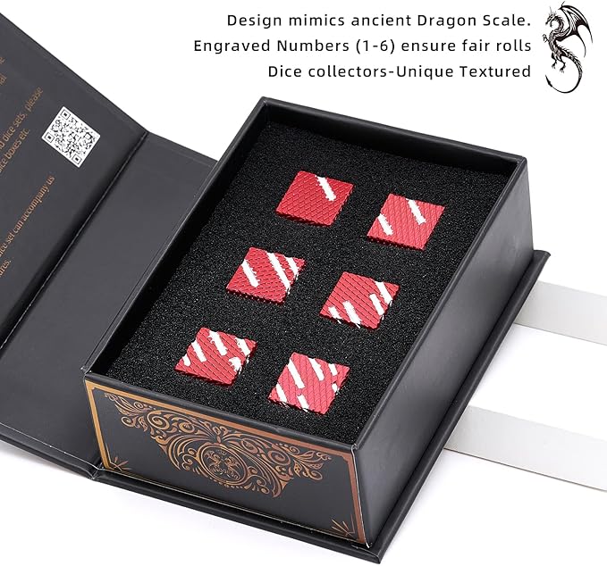Metal Dice Set,16mm 6-Sided Unique Dice with Dragon Scale Design, for MTG DND Tenzi Farkle Yahtzee Bunco or Math Learning(Ls-Red White)