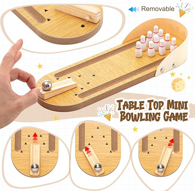 Deekin 2 Set Desktop Shoot The Moon Game Table Top Mini Bowling Game Set Classic Steel Ball Wooden Tabletop Games Wooden Board Mini Arcade Table Games Bowling Set Gag Gifts for Adult Teen Office Desk