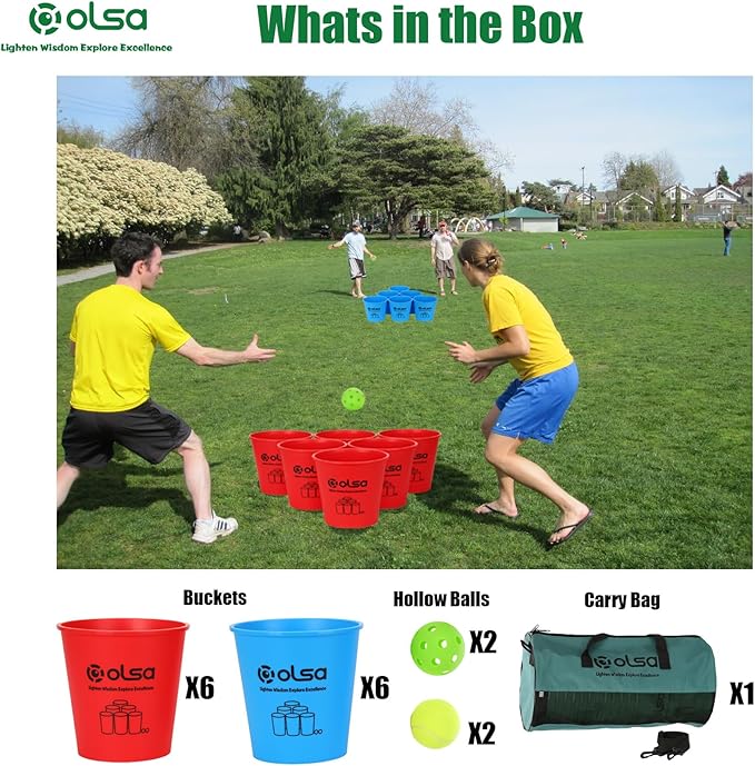 OLSA Giant Yard Pong Yard Games, Toss Family Party Set with 12 Buckets, Balls & Strength Carrying Bag for Beach Camping Lawn Backyard, Outdoor Games for Kids Adults and Family (Blue&Red)