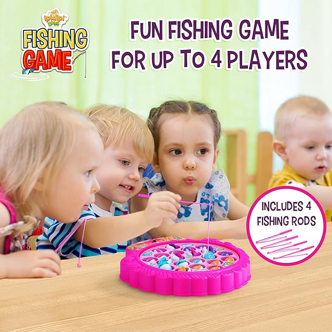 Fishing Game Play Set - 21 Fish, 4 Poles, & Rotating Board w/On-Off Music - Family Children Backyard Pink Toy Games for Kids and Toddlers Age 3 4 5 6 7 Girls and Up