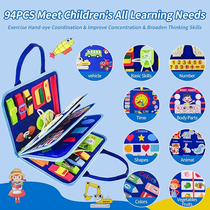 Montessori Busy Board for Toddlers 1-3 Sensory Toy with Zippers, Buttons & Laces Develop Fine Motor Skills Travel-Friendly Learning Activity Board, for Kids