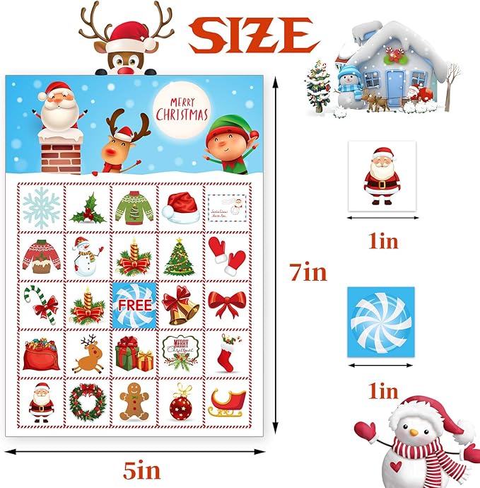 Funnlot Christmas Bingo Game for Large Group - Holiday Activity for 24 Players, Preschool Classroom, Family - Snowman Xmas Gifts