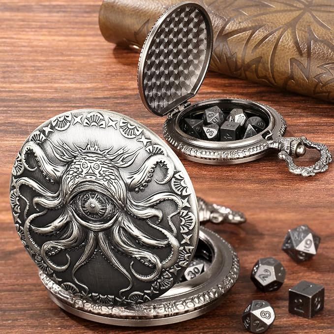 Mini DND Dice Set Steampunk One-Eye Octopus Pocket Watch Case, 7-Piece Polyhedral Metal D&D Dice Set, DND Gifts with Gift Box, Role Playing Board Game Accessories Dice, Dark Silver
