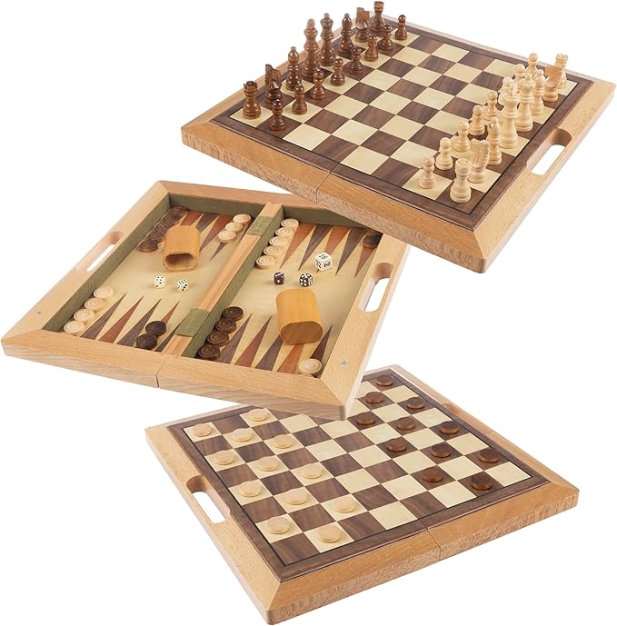 Hey! Play! 3-in-1 Chess, Backgammon, and Checkers Set – Wooden Board Game Set Folds for Practical Storage and Transport – Travel Board Games by Trademark Games