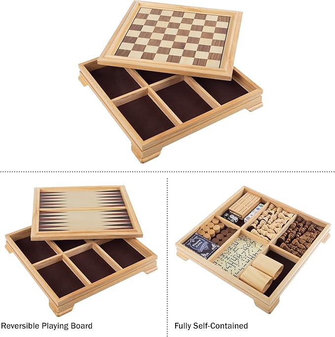 Board Game Set - Deluxe 7-in-1 Classic Board Games for All Ages - Wood Game Center with Storage - Chess, Backgammon, Dominos, Checkers, Dice Set, Cribbage Board, and Playing Cards by Trademark Games