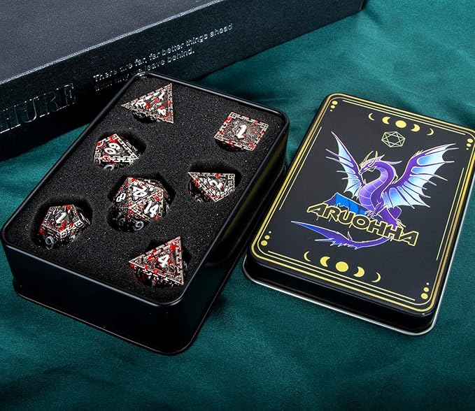 ARUOHHA Metal DND Dice Set with Gift Box, Dragon Design Blood Polyhedral Dice Role Playing Game Handmade D and D Dice Set D20 D12 D10 D8 D6 D4