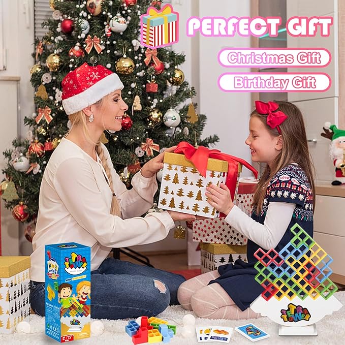 48 PCS Tetra Tower Stacking Game, Building Balance Blocks Board Game, 1-4 Players Family Games for Kids, Adults, Party, Friends, Team, Travel