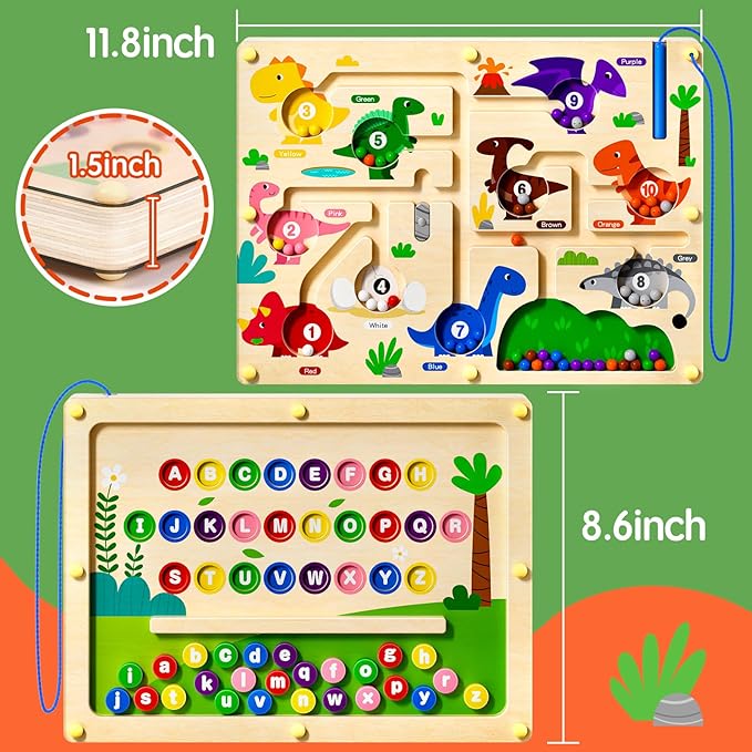 2 in 1 Magnetic Color and Number Maze Double-Sided ABC Alphabet Board Magenet Dinosaur Maze Preschool Montessori Education Toys (Dinosaur, Wood)