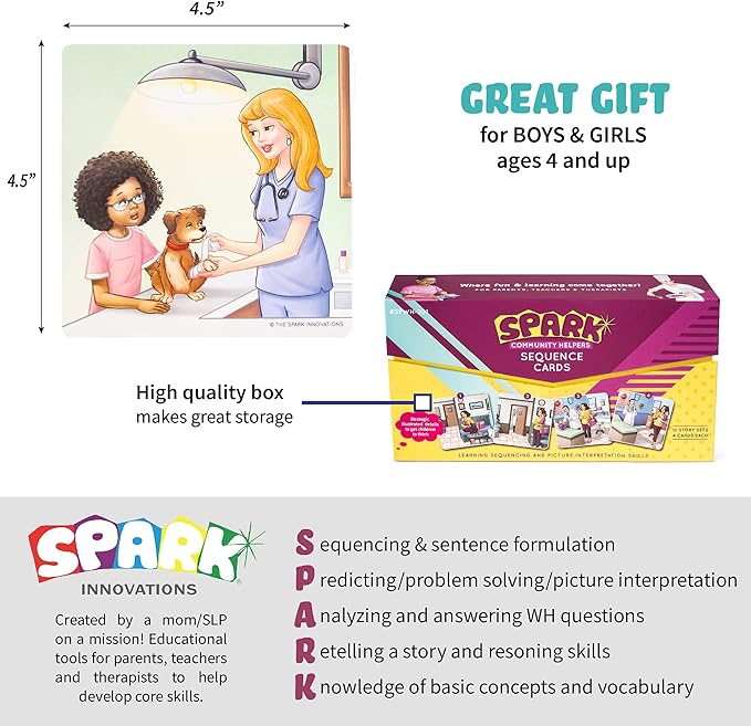 SPARK INNOVATIONS Kids Story Cards Sequence Game Large Storytelling and Sequencing Cards. Community Helper Stories for Sentence Building Educational Picture Card Games