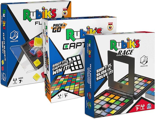 Rubik's Pack & Go, 3 Game Bundle Race Flip Capture 2-Player Sequence Board Games 3D Puzzle Travel Game Gift Set, for Adults & Kids Ages 7+ Amazon Exclusive