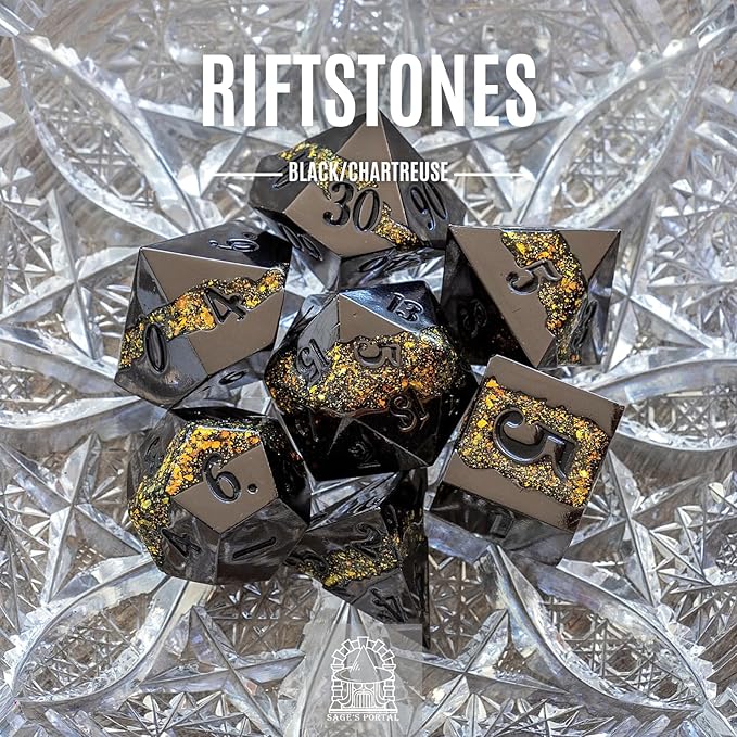 Sage's Portal Metal Riftstone DND Dice 7-PC Polyhedral Dice Set for DND TTRPG Dungeons and Dragons Pathfinder Oversized Designer Dice (Gloss Black/Chartreuse)